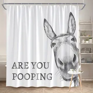 Funny Donkey Shower Curtain - 'Are You Pooping?' Farm Animal Design, Includes Hooks, Modern Bathroom Decor