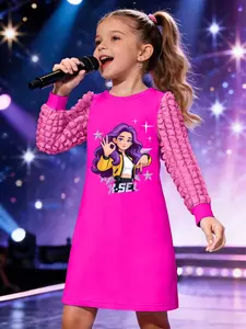 Girls' Energetic Idol Ruffle Dress: K-SEL Letter + Purple-Haired Girl with Gesture Print + Star Embellishment + Soft Skin-Friendly Fabric, Sweet-Edgy & Lively, Perfect for School & Leisure