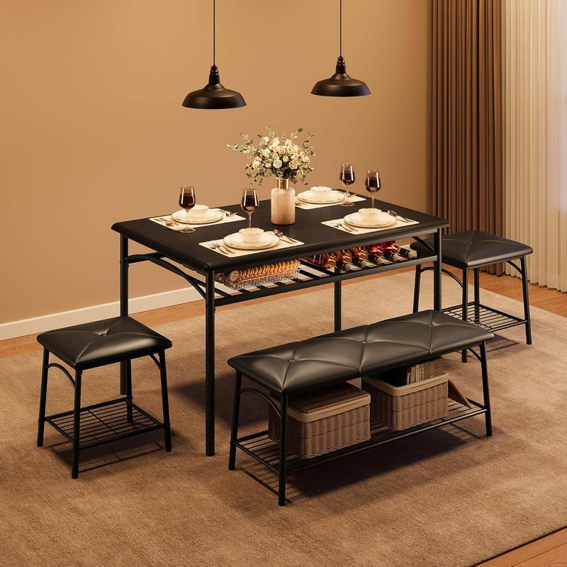 4-Person Wooden Dining Room Set for Small Spaces & Apartments, Indoor Kitchen Furniture with Upholstered Bench, 2 Stools, Storage, Adults-Friendly, 200 lbs Capacity, Accessory Packs, Assembly Guide, 43.3in L×27.5in W×29.2in H