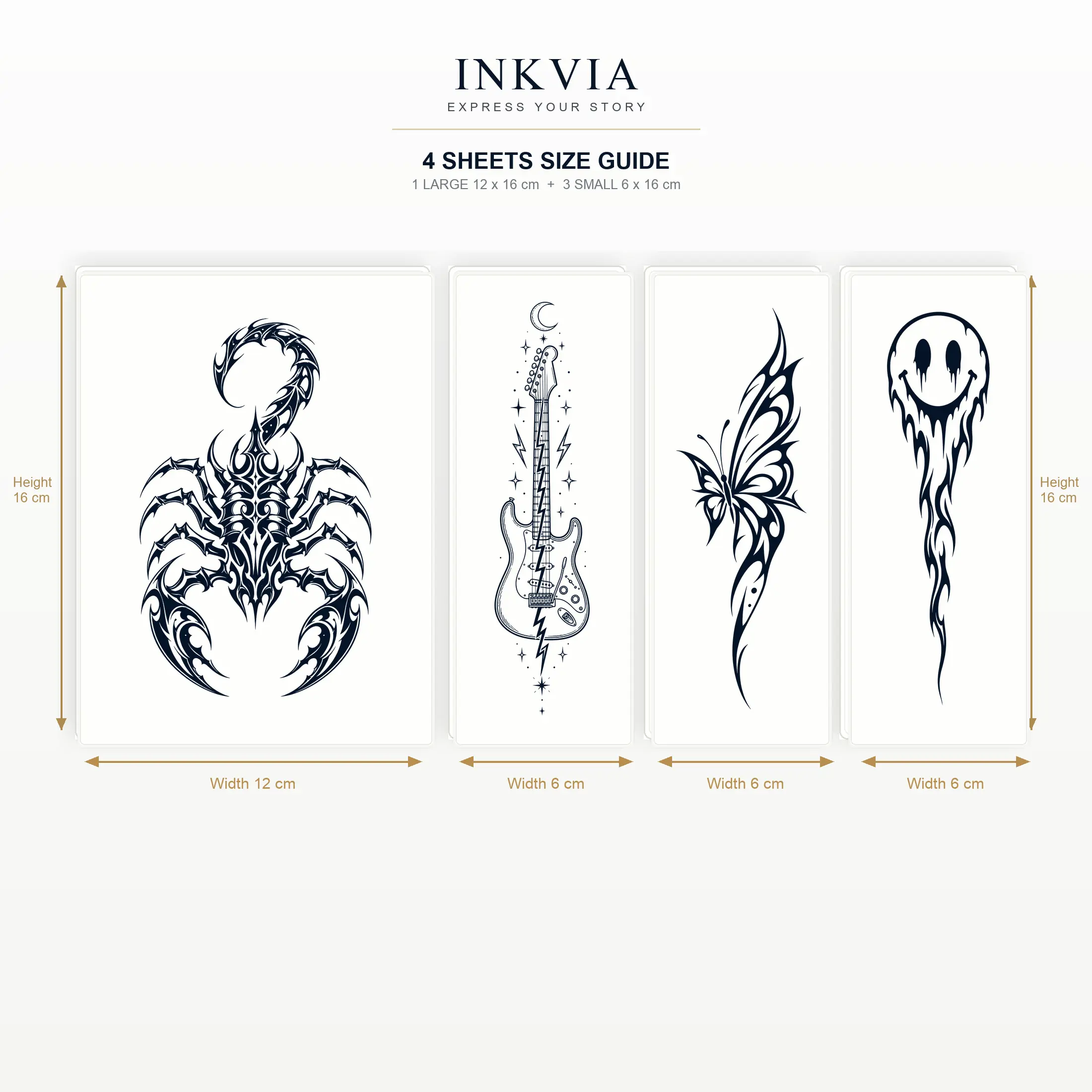 INKVIA Waterproof Temporary Tattoos - 4 Sticker Sheets for Women, Hypoallergenic Semi Permanent Body Art, Easily Applied Rock Guitar Scorpion Butterfly Designs for Street Look Music Festival Use, Ephemeral Tattoos, Fake Tattoos