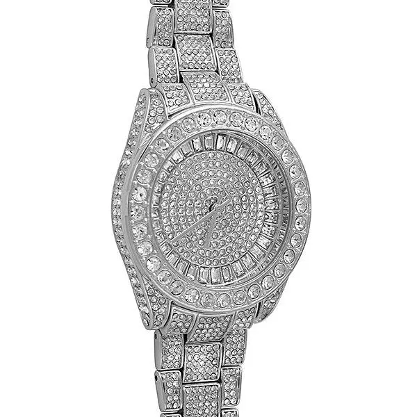 Women's Hip Hop Analog Quartz Watch, 41mm Rhodium-Plated Iced Out Style with Full Czech Crystal Stones