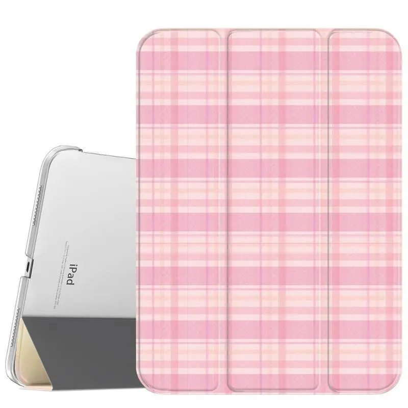 Pink Plaid Case for iPad A16 2025 / iPad air 6/ iPad mini 6, Slim Stand Cover with Soft Translucent Frosted Back Pencil Slot, for Samsung Galaxy Tab S9 Tablet Cases