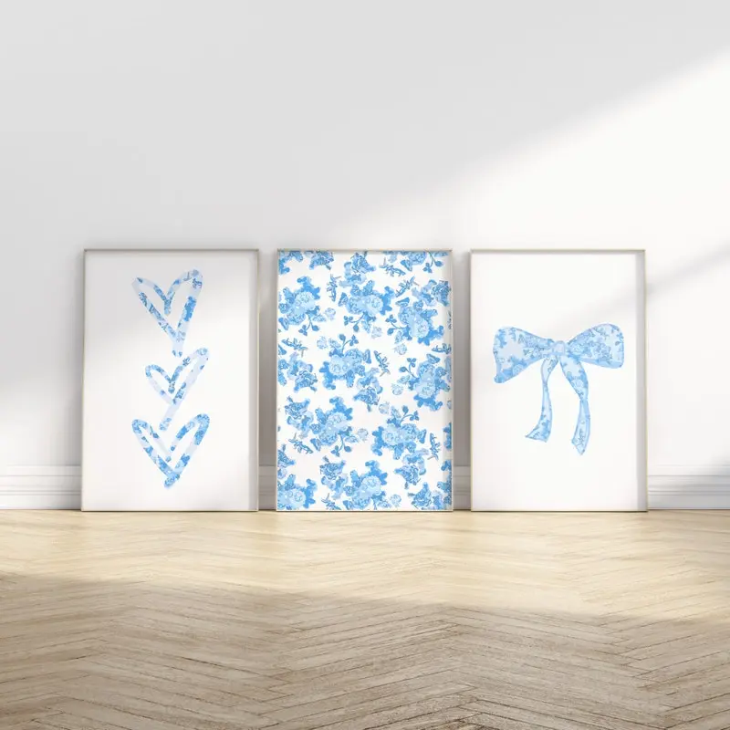 Blue Floral Pattern Bow and Hearts Trendy Wall Prints Coastal Dorm Decor for Gift