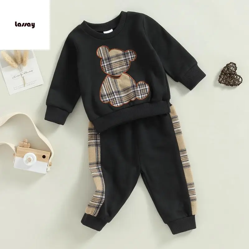 Baby Girls Boys Pants Set, Long Sleeve Crew Neck Bear Sweatshirt with Elastic Waist Plaid Sweatpants