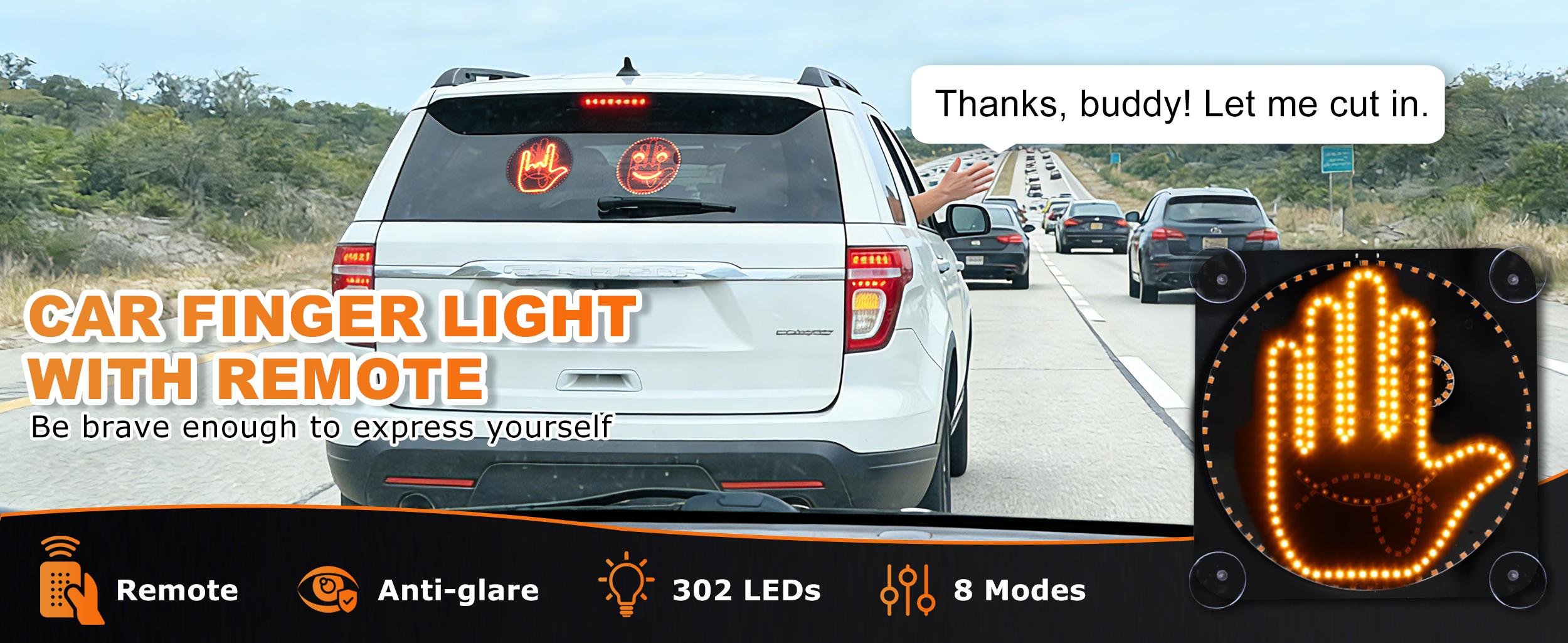 Hand Gesture Light for Car Window, 12 Display Modes with 4 Emoji + 4 Gestures + 4 Combo Signs, Remote Control, Rechargeable, Suction Cup Mount