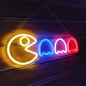 ROSNEK Pacman Ghost Decorative Neon Sign, Retro Arcade Game LED Wall Decor, USB-Powered Ambient Decoration Lamp, 17x6 in Lighting for Gaming Room Bedroom