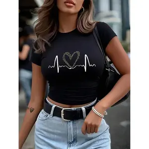 Heart Print Cropped Round Neck Top, Casual Sporty Short Sleeve Crop Top, Women's Crop Top Tee - Lightweight Casual Essential