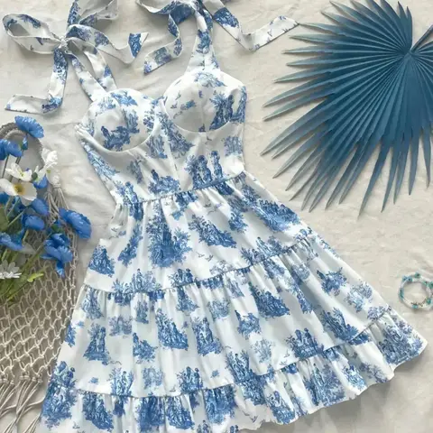 Women's Ditsy Floral Print Tie Shoulder Cami Dress, Elegant Casual Ruffle Trim Sleeveless A Line Dress for Summer, Ladies Clothes for Beach Holiday, Boho Sleeveless Dress, Bohemian Print Dresses, Boho Fashion Dress