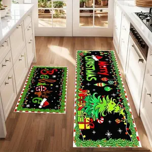 Christmas Theme Colorful Cute Cartoon Tree Merry Christmas Print Long Kitchen Rug Mat, Festive Creative High-Quality Washable Non-Slip Carpet