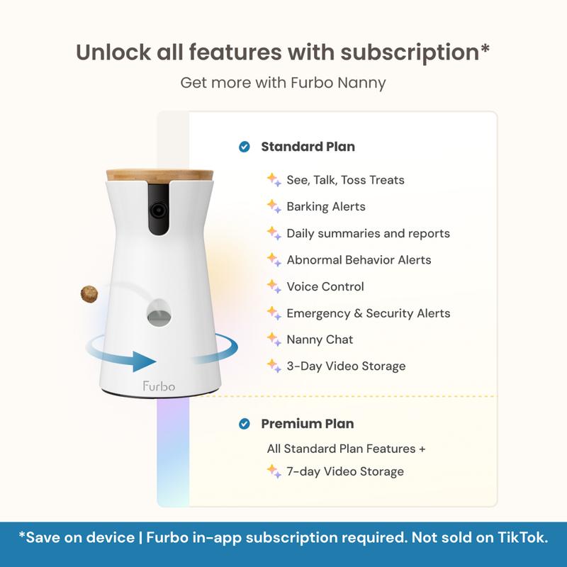 Furbo 360° Dog Camera [Nanny Edition - Unlock with Subscription] Home Security Smart Dog Camera, Barking & Safety Alerts, Pet Camera with Speaker, Smart Home Indoor Puppy Cam w Phone App & Color Night Vision - 3mo Minimum Subscription Required
