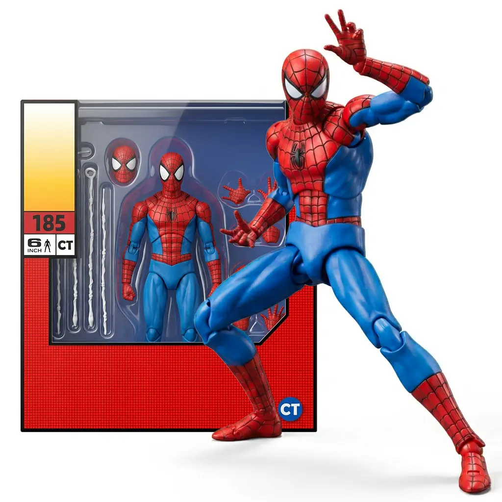 CT Toys Marvel Spider-Man 185 Classic Costume 1:12 Action Figure, 6-Inch Poseable Comic Collectible with Web Effects & Display Stand