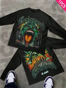 Men's Fitted Long Sleeve Graphic T-Shirt, Dark Horror Lady Liberty Print, Casual Daily Wear, Unisex, All Seasons, Street Style