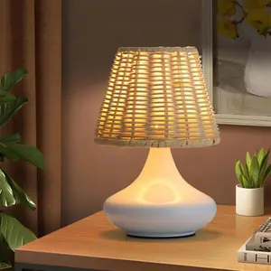 Rattan Table Lamp with Ceramic Base, Warm Ambient Nightstand Light for Bedroom, Living Room & Spring Home Decor