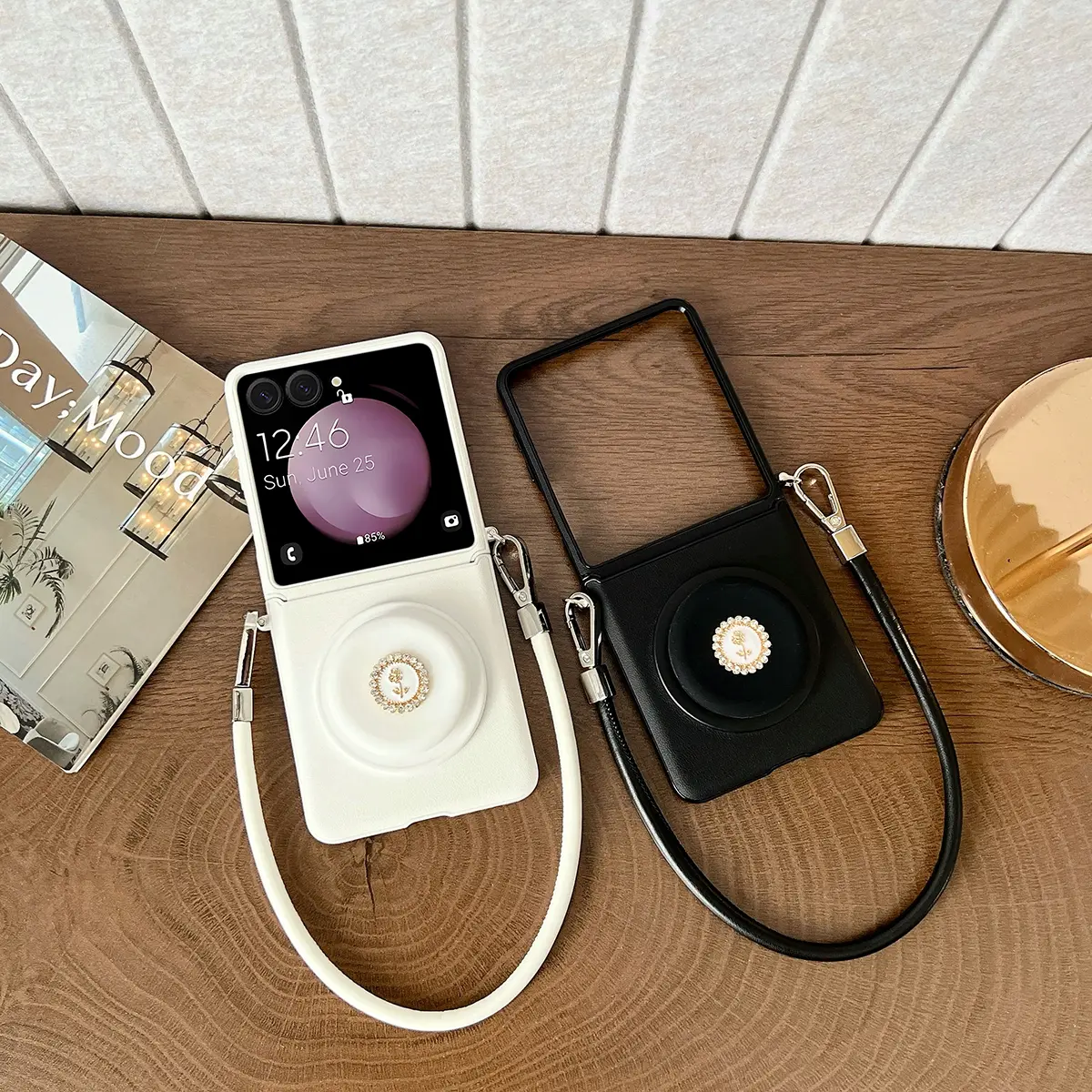 PU Leather Magnetic Phone Case, Wireless Charging Compatible, Rose Stand & Handle Strap, Hard PC Back Cover for Samsung Galaxy Z Flip8,Z Flip7,Z Flip7FE,Z Flip6,Z Flip5