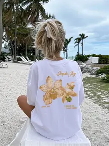 Summer Beach Tropical Floral Letter Print Short Sleeve Women's T-Shirt, Casual Loose Fit Shirt for Vacation Party Fashion