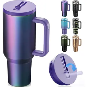 Waveports 40 oz Tumbler with Handle and Flip Straw Lid - Upgraded Insulated Traveler Tumblers with Lids Straws Vacuum Leak Proof Stainless Steel 40oz Cup Mug Gifts for Men Women Him Her (Aurora)