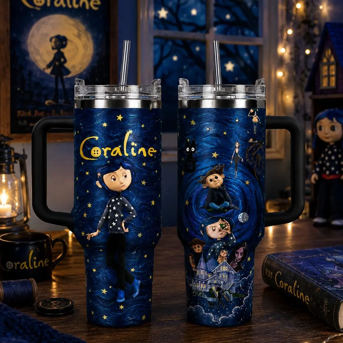 Coraline Inspired Tumbler 40Oz 30Oz 20Oz, Gothic Fantasy Stainless Steel Travel Mug with Handle, Vacuum Insulated Coffee Cup, Gift for Movie Fans