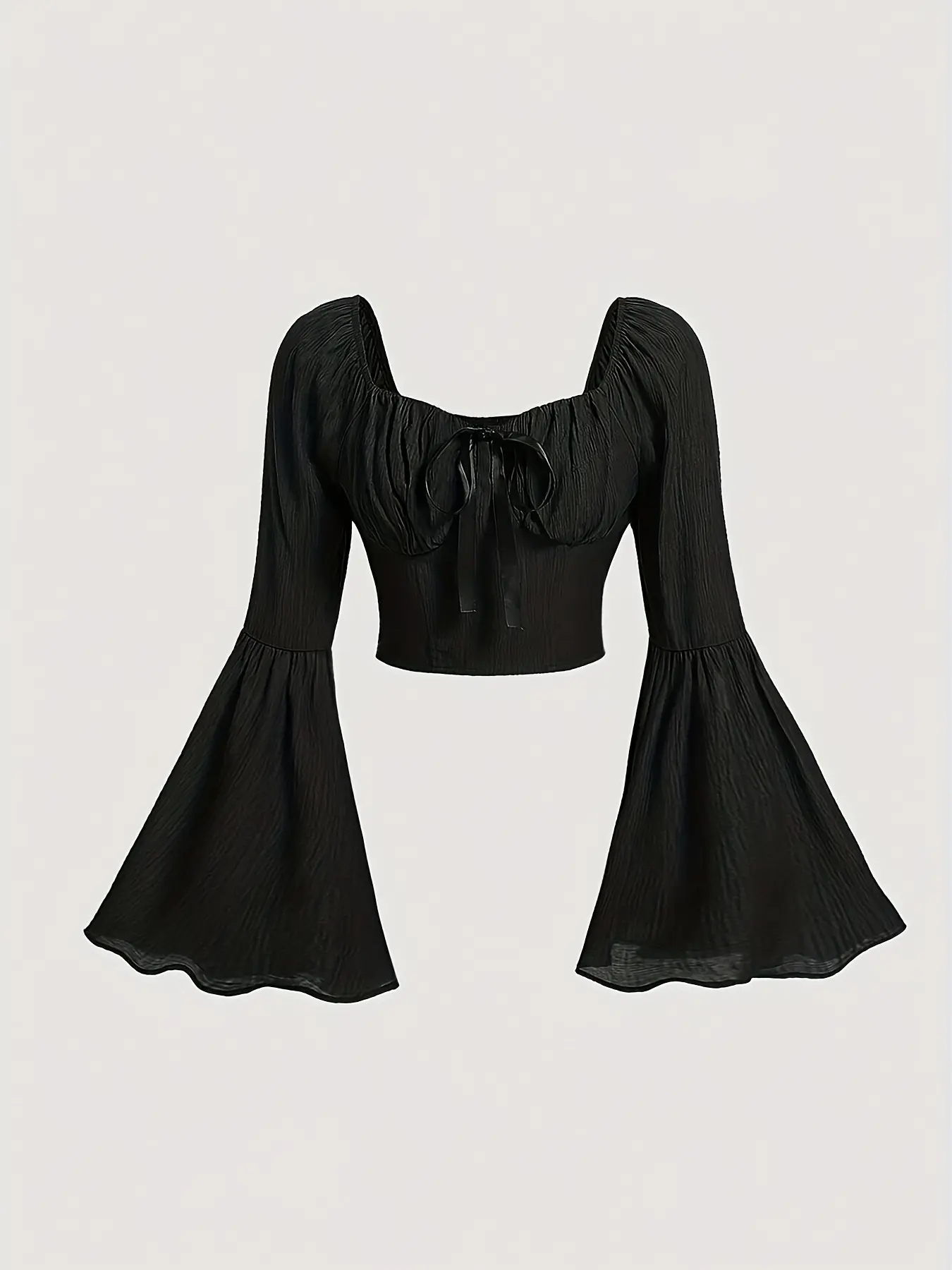 Sweet Bow Tie Bowknot Blouse with Flared Sleeves, Flowy Shirts, Casual Fitted Solid Spring Summer Top for All Seasons, Perfect for Daily Wear & Parties Long Sleeve