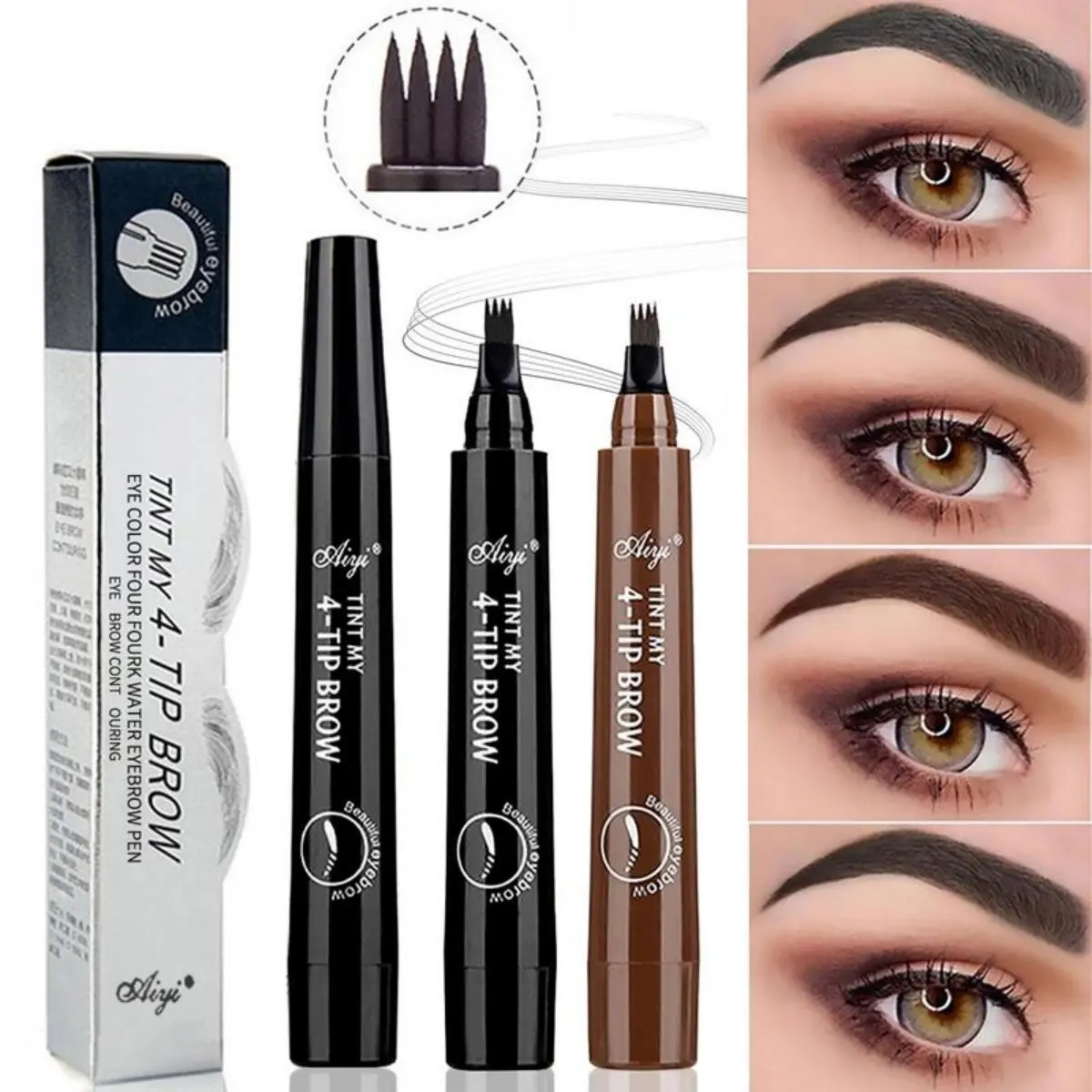 4-Tip Eyebrow Marker Pen, Waterproof Microblading Brow Tint Pen with Multiple Tips, Long-Lasting Hair-Like Look Eyebrow Filler for Sparse Brows with Natural Finish