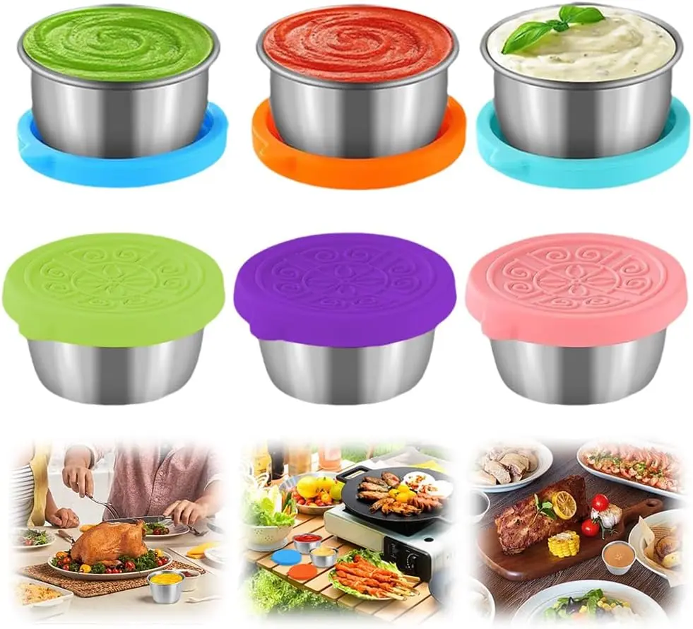 6x1.6 oz Salad Dressing Container to Go, Leakproof Reusable Stainless Steel Small Container with Lid,Sauce Containers for Lunch box,Picnics,Travel,Office and Meal Prep