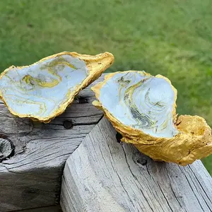 Set of 2- Gold Marbled Oyster Shell Trinket Dish