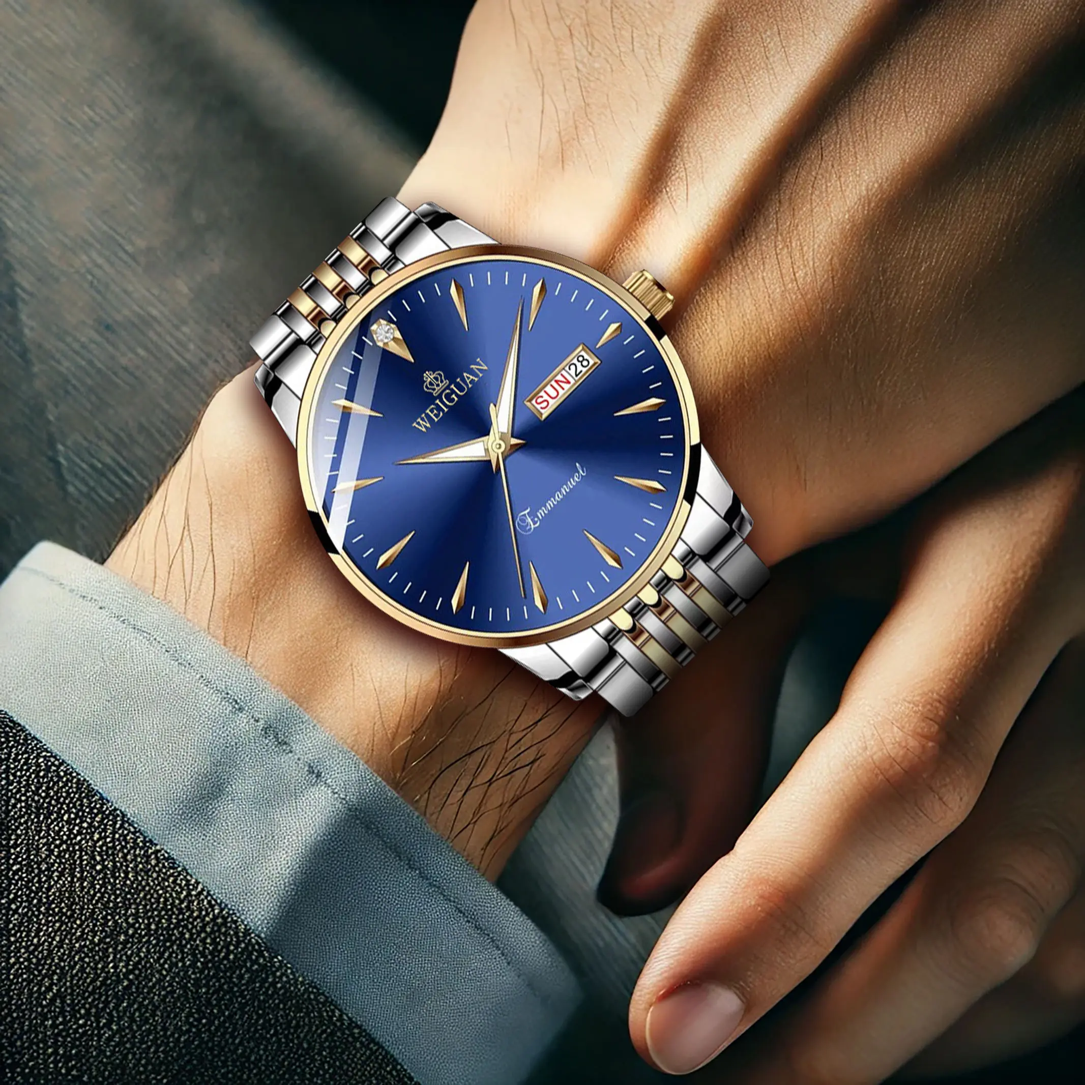 Men's Gold-Tone Stainless Steel Metal Analog Watch - Classic Round Blue Dial, Luminous, Quartz Movement, Dual Calendar, Waterproof, Hardlex Glass, Buckle Closure, Casual Fashion Accessory, Accessories