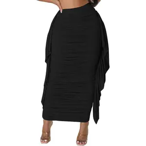 Women High Waist Ruched Bodycon Side Ruffle Tassles Fringe Pencil Casual Party Maxi Long Skirt