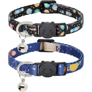 Cat Collar, 2 Pack Breakaway Collar with Bells, Safety Buckle Kitten Collars for Boy and Girl Cats, Star and Moon
