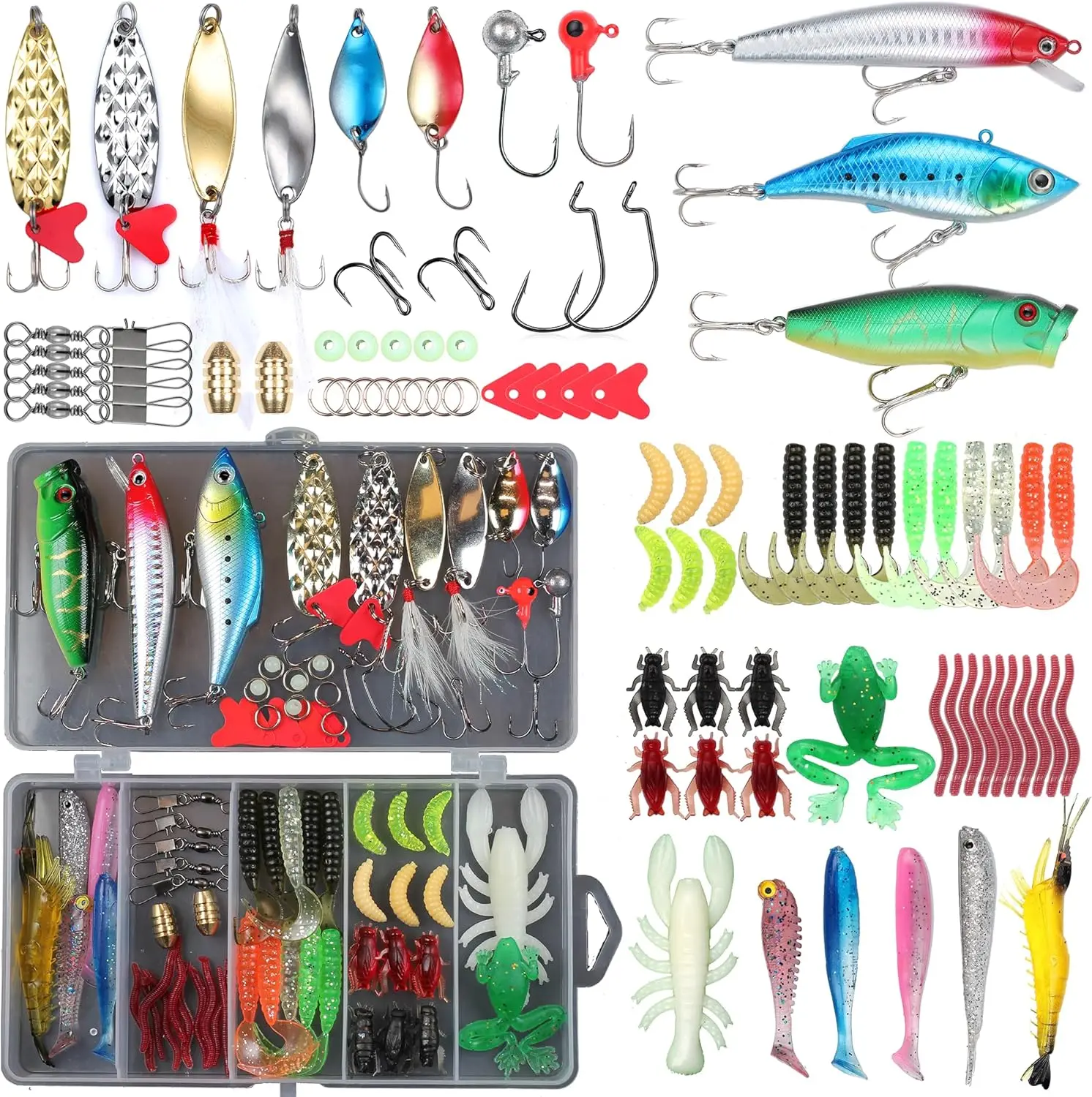 Fishing Lures, Tackle Box with Tackle Included, Crankbaits, Soft Plastic Baits, Hooks, Weights & Fishing Accessories, Freshwater Fishing Gear Kit for Bass, Trout, Walleye & Beginners