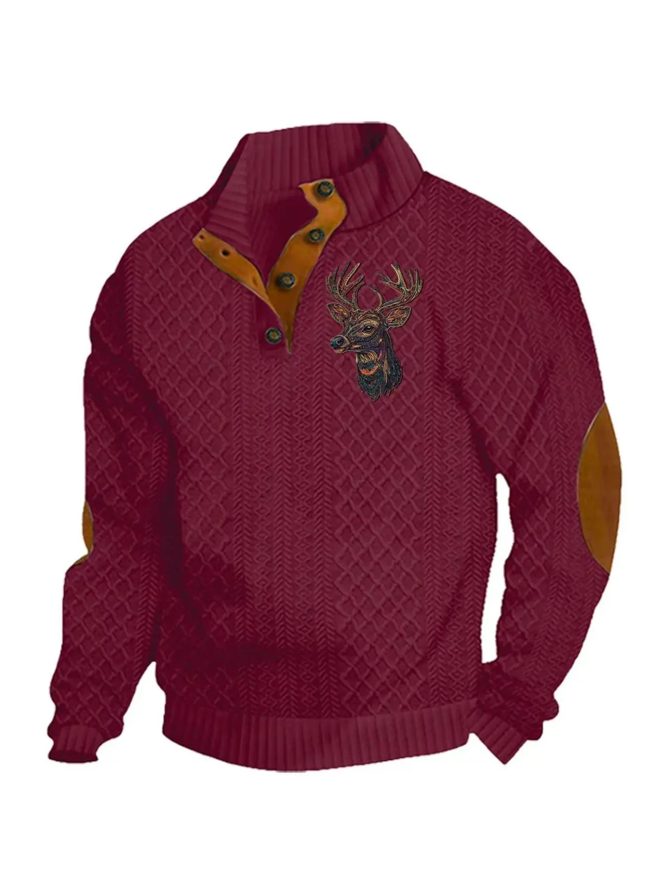 fall outfits Men's autumn and winter fashion jacquard diamond-patterned color-blocking top and hoodie, Casual, fitted, long sleeve, Christmas hit Festive reindeer print, semi-open button design, brown patches on the elbows, high-quality outfit