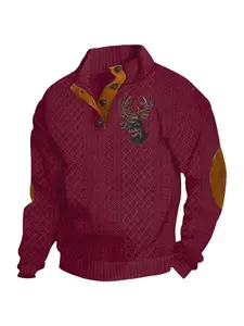fall outfits Men's autumn and winter fashion jacquard diamond-patterned color-blocking top and hoodie, Christmas hit reindeer print, semi-open button design, brown patches on the elbows, high-quality outfit