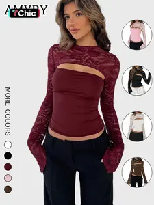 Spring Autumn European Style Lace Patchwork Hollow Out Loose Long Sleeve Top, Sexy Sheer Underwear Tee, Fashionable Women's Blouse