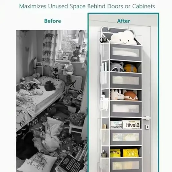 All-in-one door-back storage organizer—say goodbye to clutter and save space. Includes wall-mounted document holders and hanging storage organizers for a multifunctional storage rack behind the door.
