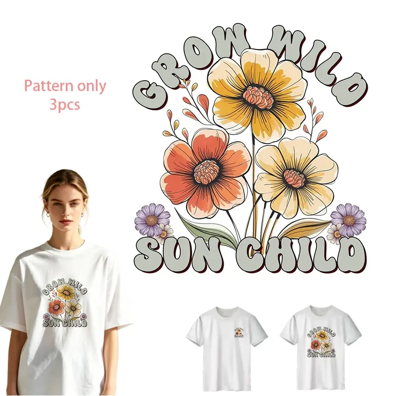 DIY T-Shirt Heat Transfer Design, Wild Growth with Sun and Flowers Pattern, Washable, Heat Press Applique (Pattern Only)
