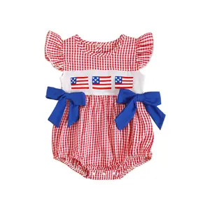 Infant Baby Girl 4th of July Outfit Newborn Embroidered Flag Plaid Bubble Romper Smocked Bodysuit Cute Summer Clothes