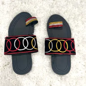 Cameroonian Toghu Slippers - All Seasons Slides | Colorful hand made Cameroon toghu slippers | bamilike fabric|Colorful embroidery designs