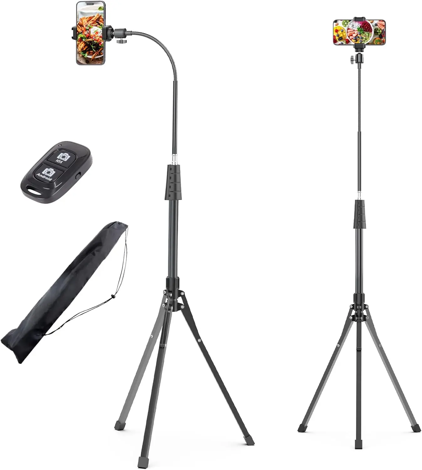UBeesize 88’’ Flexible Phone Tripod with 14.95’’ Gooseneck, Remote and Phone Holder, Overhead Cell Phone Stand＆Selfie Stick for Video Recording, Compatible with iPhone Android Phone, Camera Black