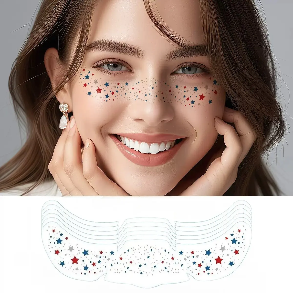 Glitter Freckles 4th of July, 6-Pack Face Tattoo Sparkle Star Freckles, Versatile Usage, Makeup Patches for Face, Glitter Face Tattoos, Rave Accessories, Patriotic-Silver Color, Temporary Tattoo Stickers