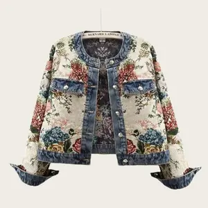 New Long Sleeved Round Neck Denim Jacket with Retro Jacquard Print, Short Patchwork Denim Top, Jacket Jacket