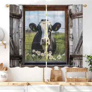 2-Panel Farmhouse Country Cow Kitchen Curtains, 27.5W x 39L in, Vintage Rustic Western Brown Barn Door Wooden Daisy Decor, Vintage Kitchen Decor for Small Short Cafe Tier/Bathroom Windows