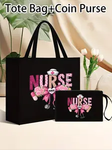 1/2pcs-Set Nurse Theme Handbag And Cosmetic Bag Set, Printed With Letters CNA, Stethoscope, Heart, Syringe, Thermometer Graphic Pattern, Women's Linen Large Capacity Handbag, Multi Functional Portable Handbag, Suitable For Leisure Travel, Medical Activiti
