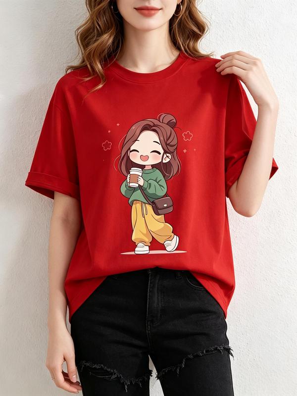 Women's Pure Cotton Loose-Fit Crew Neck Short-Sleeved Graphic Print T-Shirt - Summer Casual Beach Top, Lightweight Breathable Machine-Washable Undershirt