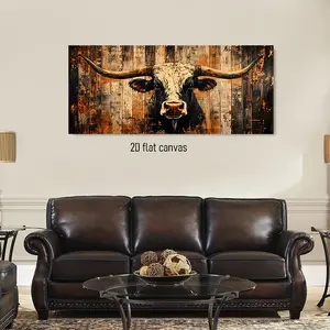 1pcs Vintage Wood Grain Longhorn Bull Decorative Painting Modern Minimalist Living RoomFrameless Canvas Art Home Wall Decor Animal Theme Mural Home Decor