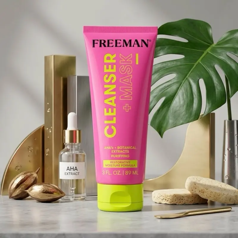 Freeman Facial Cleanser + Mask, Moisturizing & Purifying Cream-To-Foam Face Wash with AHA's, Botanical Extracts, Aloe for Daily Skin Repair & Blemish Control, 3 fl oz Tube