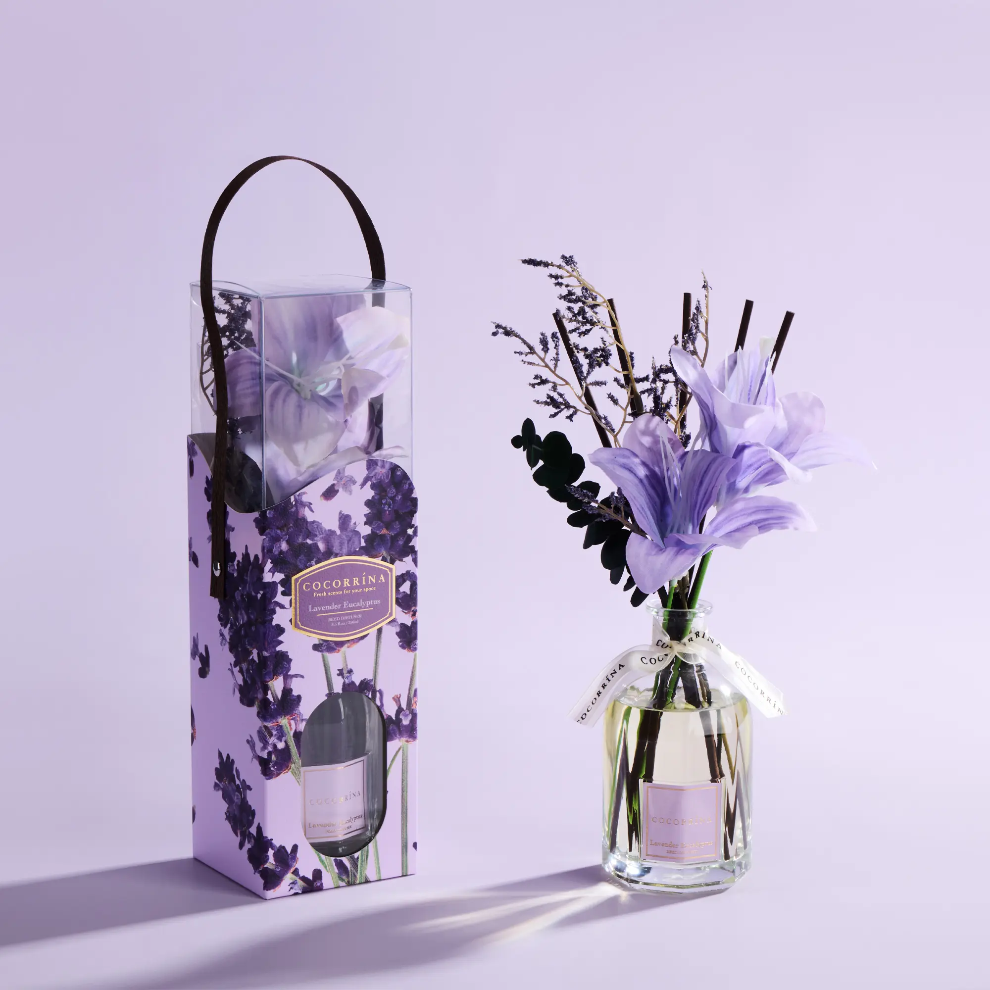 COCORRÍNA Reed Diffuser - Lavender Eucalyptus 8.5 Fl.oz Flower Reed Diffuser with Sticks, Bedroom Bathroom Shelf Decor (Floral Basket Collection)