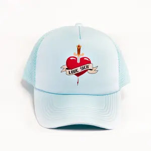 Love Sick Streetwear Trucker Hat - Powder Blue Mesh Cap with Tattoo-Style Graphic for Bold Expression Unisex One Size Fits All