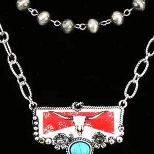 Western Steer Skull Layered Necklace with Beads and Decorative Elements