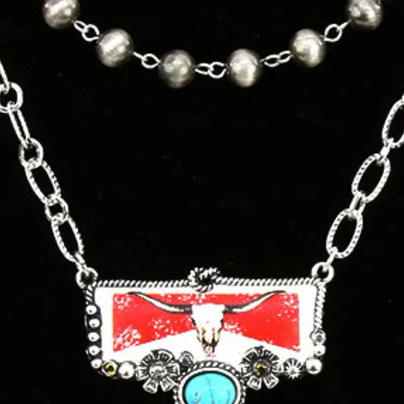 Western Steer Skull Layered Necklace with Beads and Decorative Elements
