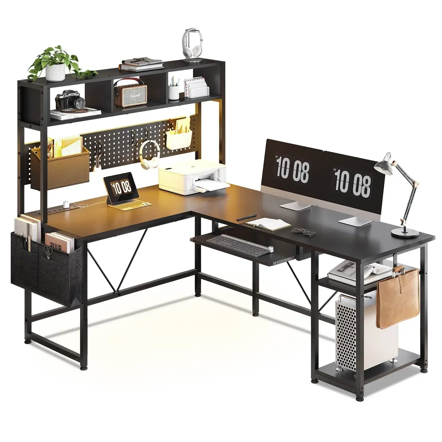 SIKAIC 57.5-in Reversible LED RGB Gaming Desk - L-Shaped Workstation, Metal Legs, Engineered Wood, Built-in USB Outlet, Power Strip, Hutch, Black Commercial Office Furniture, Energy-Saving Modern Design for Dual Monitor, Gaming, Streamer, Studio Setups, D