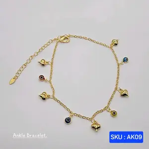 Ankle Bracelet Hearts, Evil eyes colors adjustable 8.5 to 11 inches (27 centimeters) long, 2 millimeters wide. Laminated Gold SKU AK09